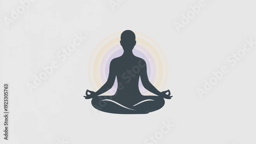 Minimalist yoga icon featuring a silhouette of a person meditating in lotus position with a pastel colored aura