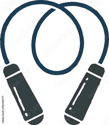 Jump rope icon with black handles and blue cord on white background for fitness and sports