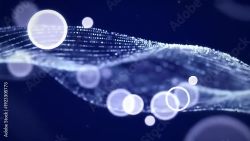 Abstract blue background with glowing particles and circles creates a futuristic and dynamic visual effect.