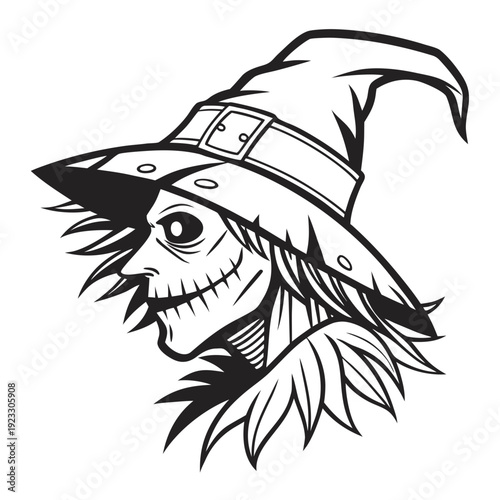 A black and white drawing of a scarecrow wearing a hat