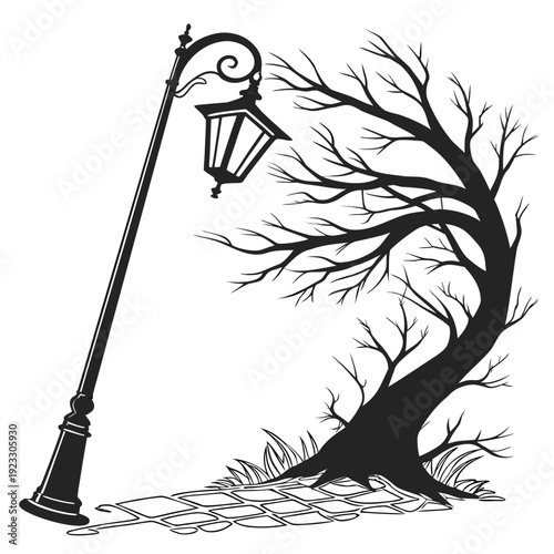 A black and white drawing of a tree and a street lamp