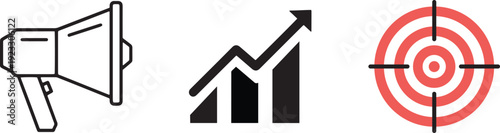 Set of three vector icons megaphone, growing bar chart, and red target isolated on transparent background