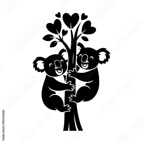 Cute Koala Couple Climbing Love Tree Romantic Animal Silhouette Vector Illustration