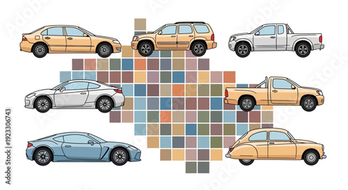 Collection of various car types illustrated in a clean vector style with color accents