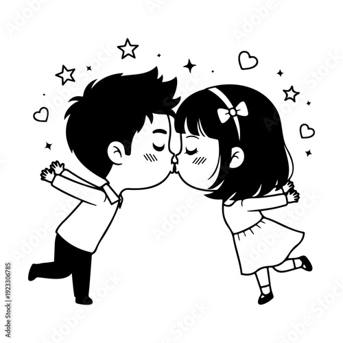 Cute Kissing Couple Cartoon Illustration Romantic Boy and Girl Love Kiss Kawaii Style Vector