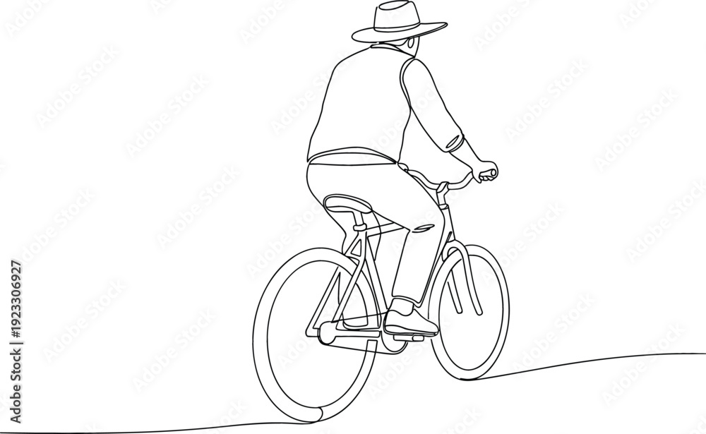 Fototapeta premium Continuous one line drawing of a man with a hat riding a bicycle for healthy lifestyle