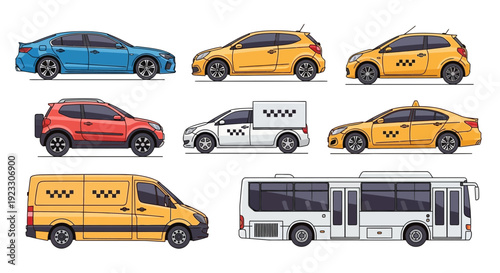 Collection of various cars and transport vehicles side view isolated on white background