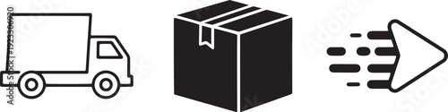 Set of three vector icons delivery truck, cardboard box, and fast delivery arrow isolated on transparent background