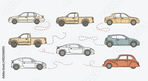 Collection of various car illustrations isolated on white background
