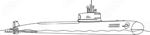 Continuous one line drawing of a military submarine floating on the ocean surface for naval defense