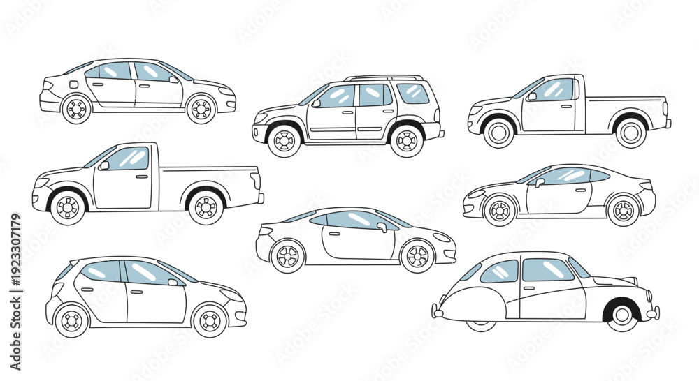 Obraz premium Collection of various car models outlined on a white background vector illustration