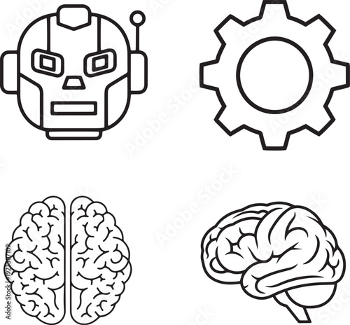 Artificial intelligence and technology icons with robot head mechanical gear and human brain anatomical views