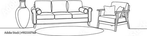 Continuous one line drawing of a modern living room with sofa, armchair, rug, and decorative vase