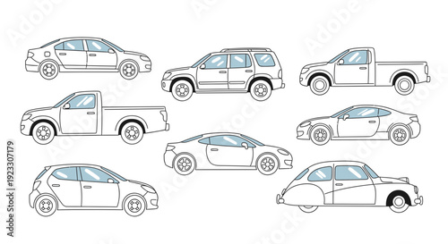 Collection of various car models outlined on a white background vector illustration