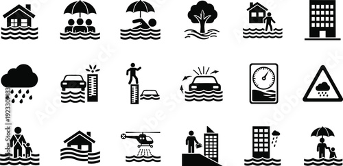 Flood Disaster and Water Emergency Icon Set with House, Car, Rain, Rescue, and Warning Symbols Black Silhouette Vector Collection