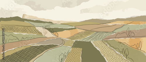 Collage torn paper agriculture background with patterns and textures. Hand drawn oriental or Tuscany meadow fields. Farmland layout with text place. Rural views of Vietnam, Thailand, or Tuscany