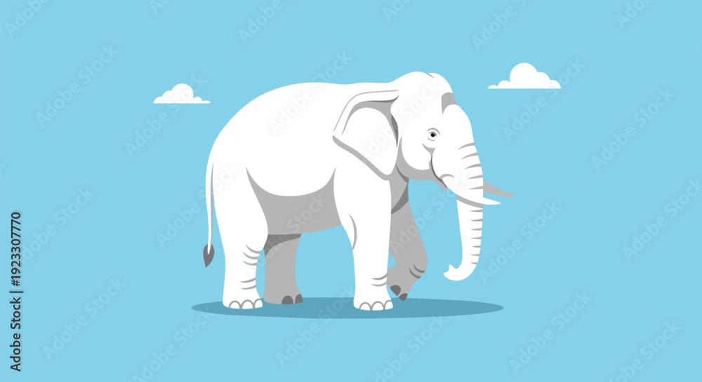 Obraz premium Majestic Albino Elephant Illustration Amidst Serene Blue Sky and Fluffy White Clouds