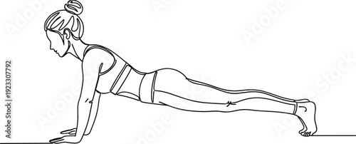 Continuous one line drawing of a woman practicing yoga cobra pose for health and wellness concept