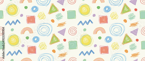 Funky geometric kids seamless background with crayon sketchy naive shapes. Hand drawn pencil colorful scribbles, geometric forms wallpaper. Seamless childish playground pattern. 