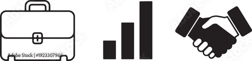 Business icons briefcase handshake bar chart on transparent background