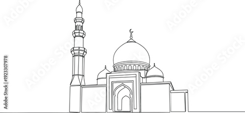 Continuous one line drawing of an elegant mosque for Islamic architecture and religious culture travel concept