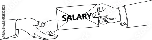 Continuous one line drawing of hands exchanging an envelope with salary text for payroll and finance