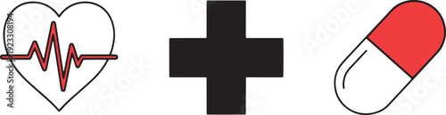 Monochrome heart with heartbeat line, medical cross, and pill capsule outline icons