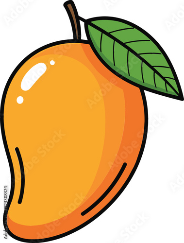 Cartoon Mango Fruit with Green Leaf Cute Tropical Food Illustration Flat Vector Icon Isolated on White Background