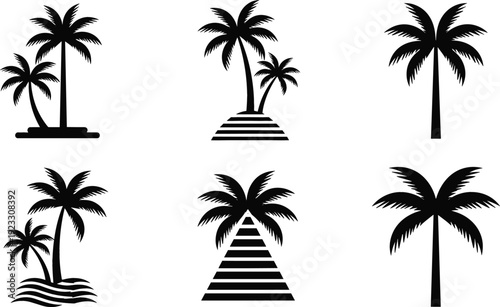 Palm Tree Silhouette Icon Set with Tropical Island and Beach Elements Black Vector Collection for Summer Travel Design