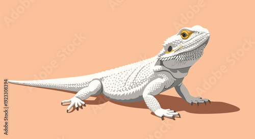 Striking white bearded dragon illustration with golden eyes and unique textured scales