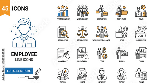 Set of 45 employee and human resources line icons for corporate management and workplace policy concept