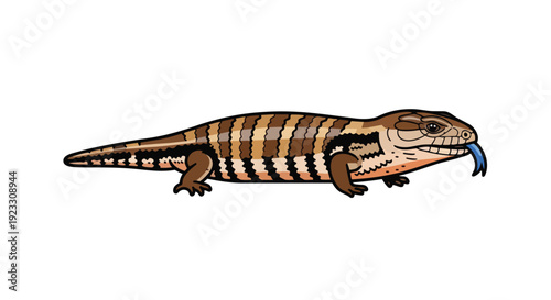 Vibrant Cartoon Blue-Tongued Skink Illustration with Distinctive Striped Pattern and Playful Blue Tongue Protruding in a Captivating Pose