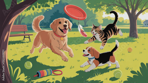 Dogs and cat playing with frisbee in sunny park with trees and grass