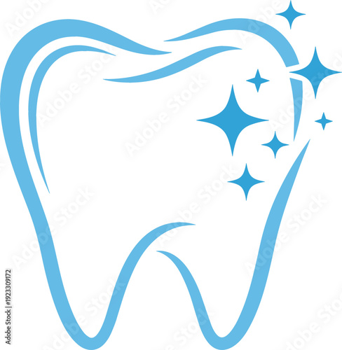 Clean Tooth Logo Design with Sparkle Shine and Fresh Dental Care Concept Blue Outline Vector Illustration