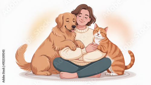 A woman sits cross legged with a dog and cat on her lap in a warm illustration