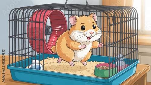 Charming cartoon hamster standing in cage with exercise wheel and food