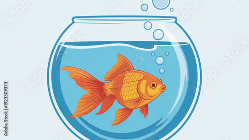 Vibrant orange goldfish swims in clear glass bowl with bubbles rising on light blue background