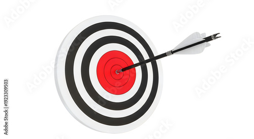 Black and white archery target with red bullseye and arrow hit isolated on transparent background