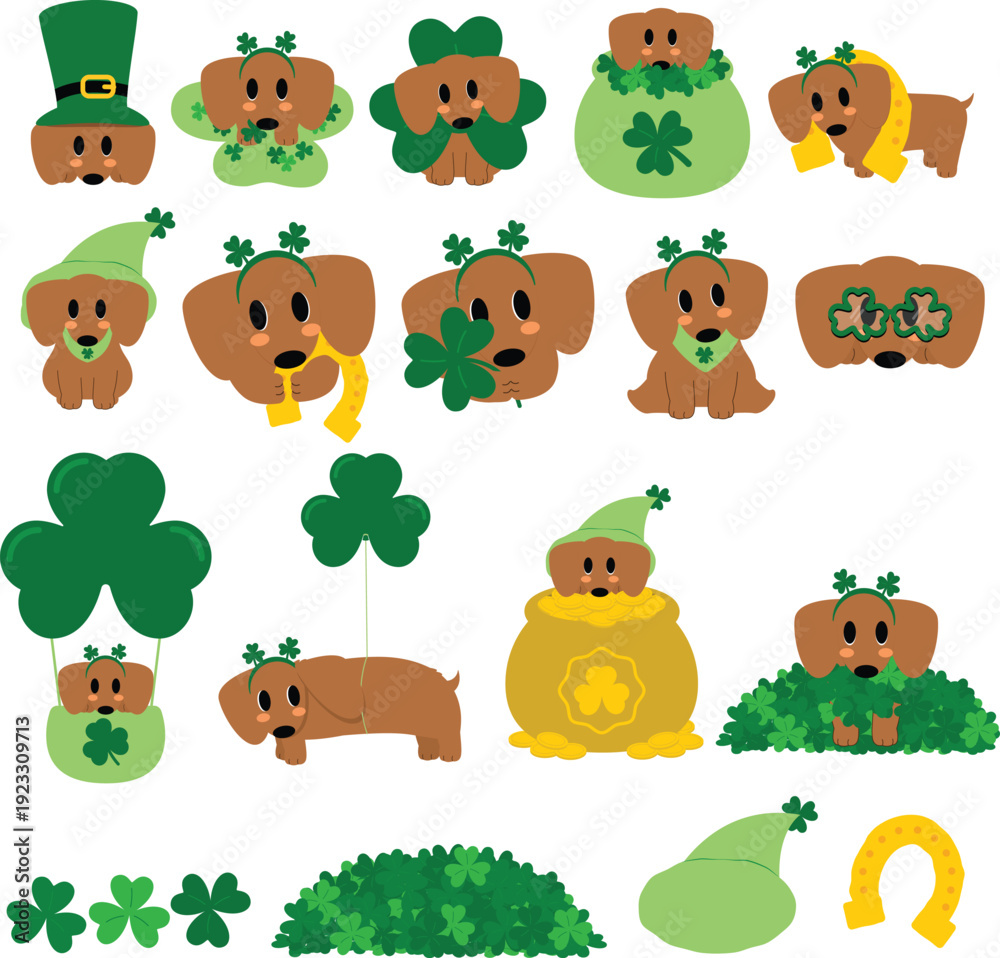 Fototapeta premium Lucky Dachshunds St. Patrick's Day Clipart Collection
