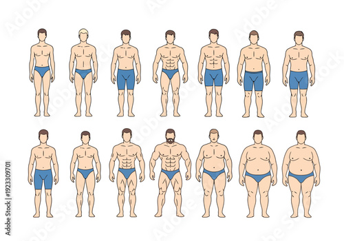 Diverse Male Body Types Represented Across A Spectrum From Lean To Very Heavy With Muscular And Average Builds Included In A Clear Visual Comparison