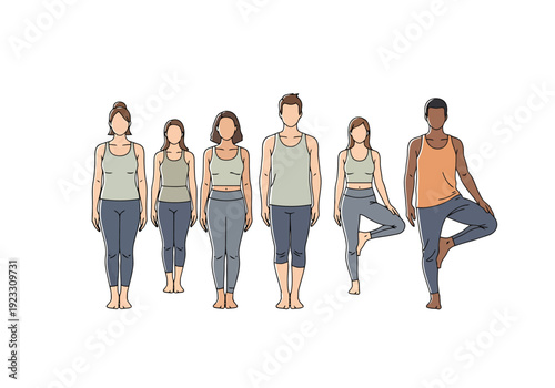 Diverse Group of People Practicing Standing Yoga Poses Together Developing Balance and Wellness in a Calm Setting Promoting Health and Fitness