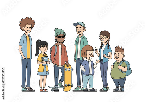 Diverse Group Of Seven Young People Standing Together On White Background Full Shot Diverse Backgrounds And Styles Representing Youth Culture And