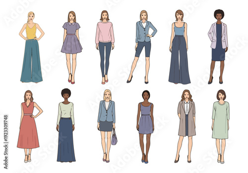 Diverse Professional Female Attire Collection Showcasing Full Body Fashion Outfits For Workplace And Casual Settings Featuring Various Styles And