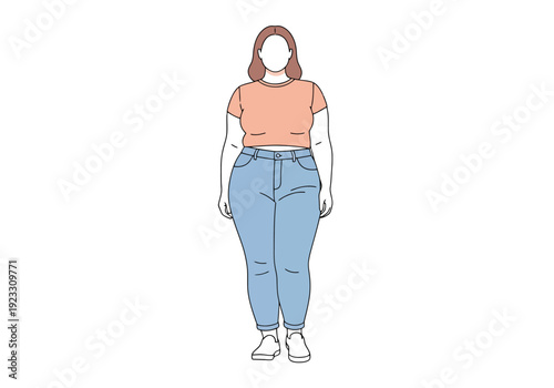 Full body drawing of a woman wearing a crop top and denim jeans standing against a white background representing body positivity and individual style