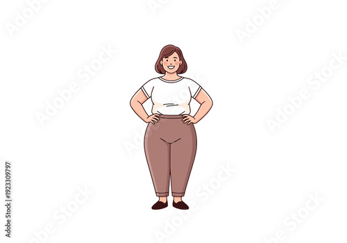Full body rendering of a smiling woman with a positive body image standing confidently with hands on hips representing acceptance and self love