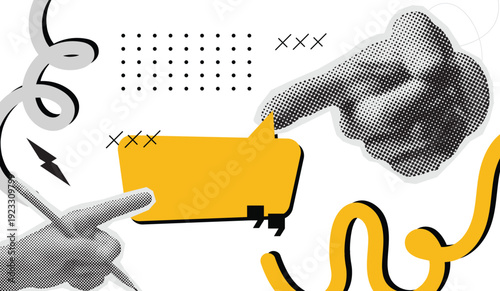 Abstract collage with halftone hands pointing at empty yellow speech bubble for text message