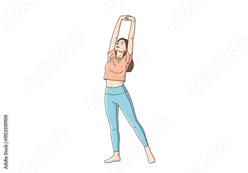 Woman stretching arms above head for morning exercise or yoga routine in workout attire isolated on white background