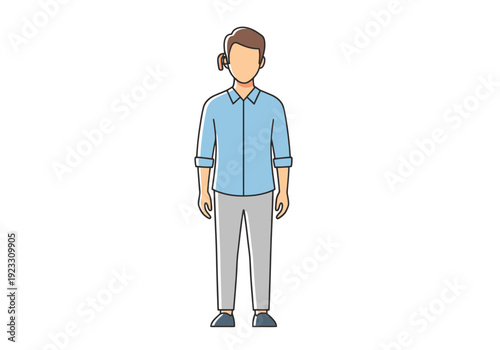 Business professional standing confidently wearing casual shirt and trousers with modern casual hairstyle for corporate or freelance work