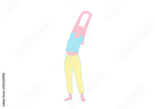 Animated Person in Pastel Trousers Stretching Limbs Upward in a Simple Flat Design Style For Relaxation Concepts