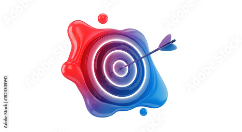 Colorful dartboard with red dart hitting bullseye isolated on transparent background